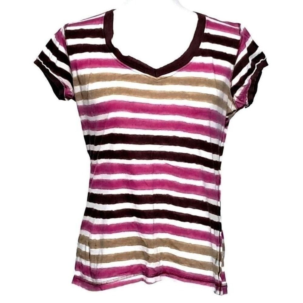 rue21 T-Shirt Women XL Pink Striped V-Neck Short Sleeve Cotton‎